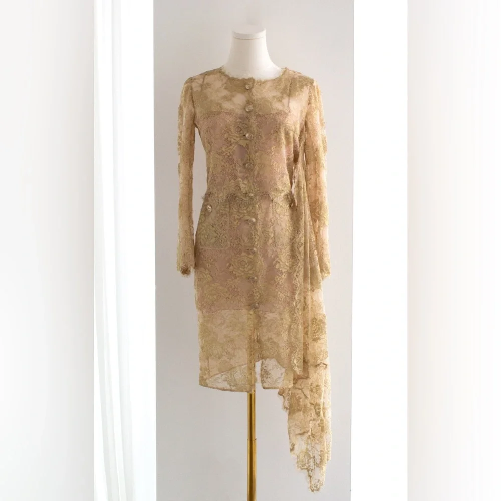 Chanel F/W 2020 Metiers D'Art Shimmery Gold Beige Lace Top Skirt 20A Suit - Picture 7 of 17